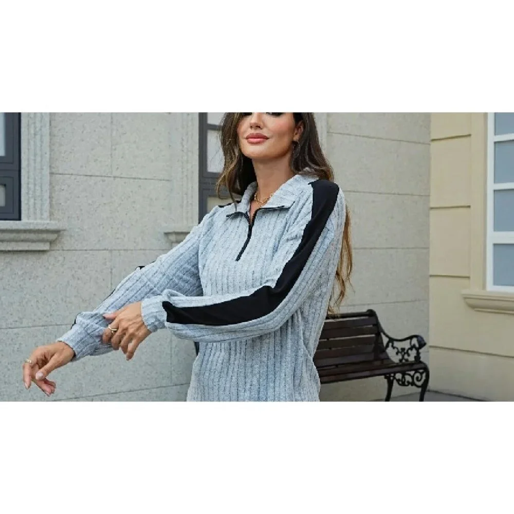 Ribbed Knit Lounge Set Half Zip Sweatshirt Wide Leg Joggers